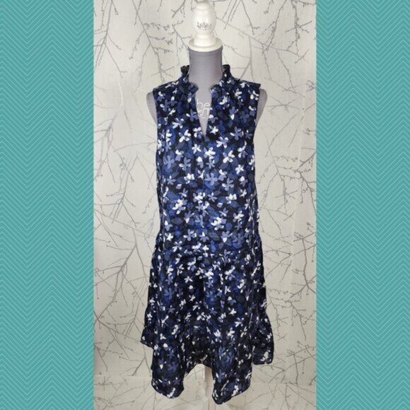 Hudson North Navy Floral Print 100% Linen Peplum Flowy Midi Dress - Picture 1 of 4